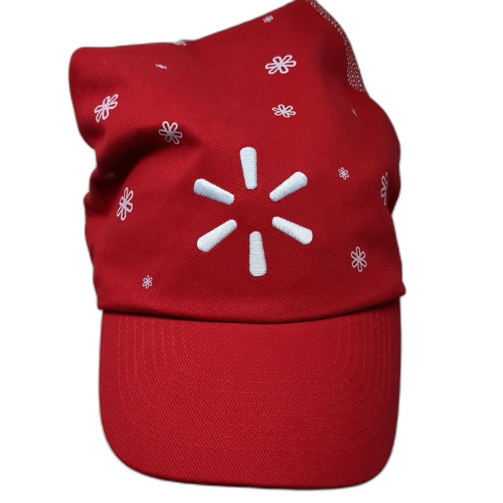 Walmart Trucker Hat Red One Size White Pom-pom Spark Logo Holiday Snapback